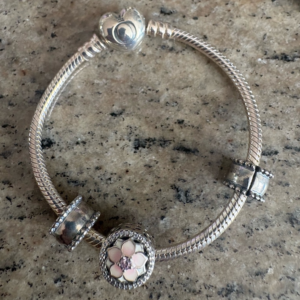 Pandora Silver Bracelet with Pink Floral Charm (newborn)